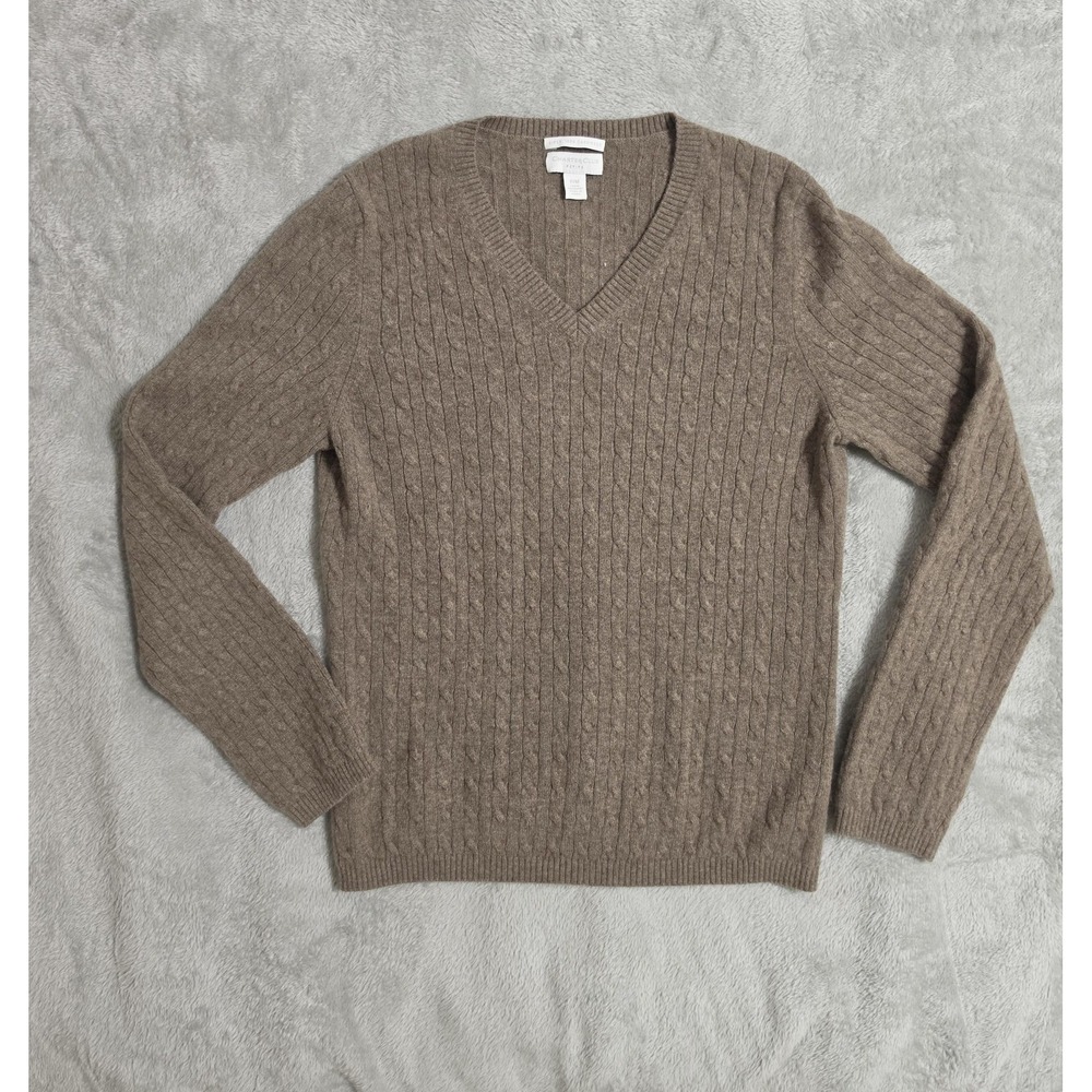 Charter Club Sweater Womens Petites‎ P/M Brown 100% Cashmere Cable Knit V-Neck